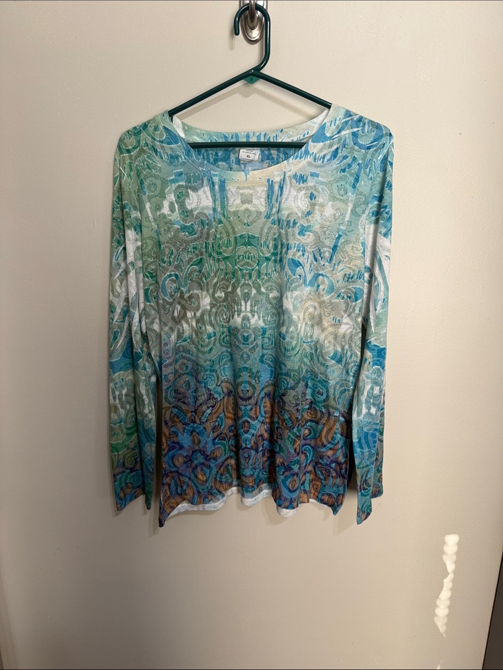 Laura Ashley Ombre Paisley Long-Sleeve Top in Blue, Green & Brown